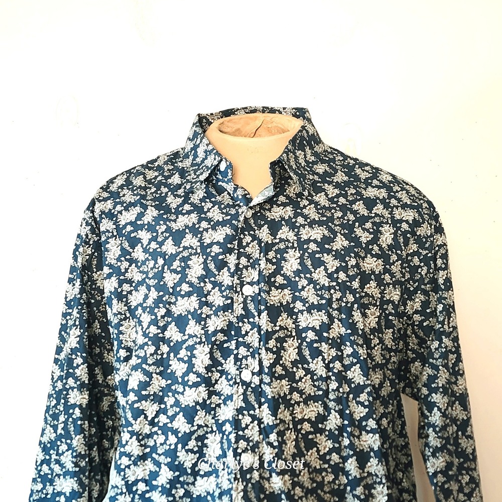 Mens XL Navy Floral Cotton Button Up L/S Shirt Regular Fit Euro Casual Chic